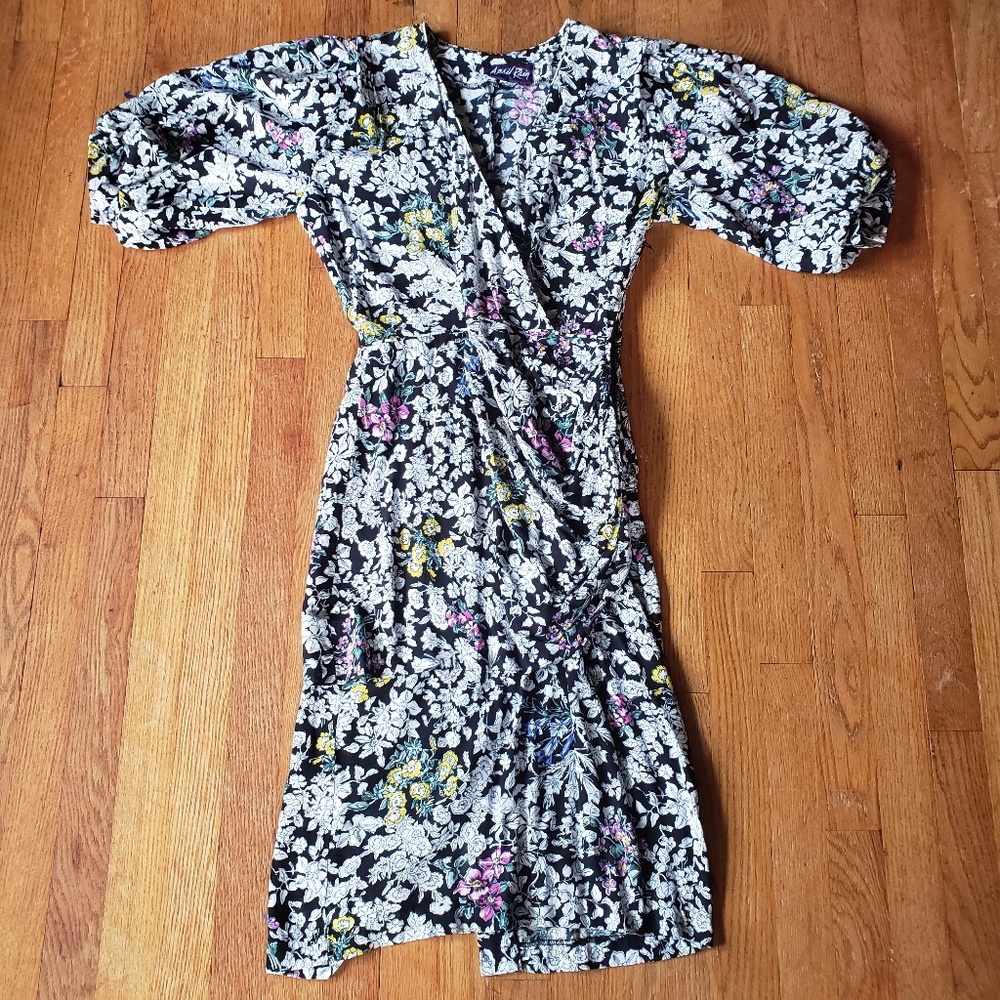 Vintage 1980s Huge puff sleeve Rayon peplum spring summer dress sexy v-neck S/M
